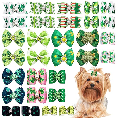PET SHOW 20 Stück St. Patrick's Day Haarschleifen für kleine Hunde mit Gummibändern für mittelgroße Hunde, grünes Kleeblatt, Welpen, Katzen, Kätzchen, Kaninchen, Fellpflege-Kostüme, Haar-Accessoires von PET SHOW
