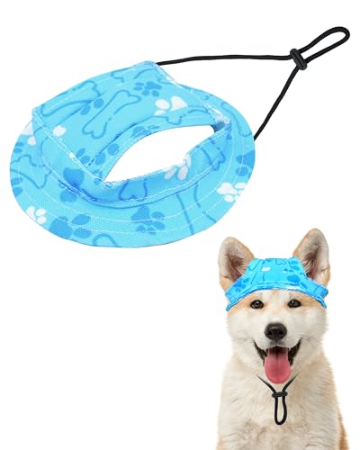 PET SHOW Fischerhut für Hunde, Pfotenabdruck, Hundevisier für kleine Hunde, Katzen, wasserdicht, für den Außenbereich, Sonnenhüte mit Ohrlöchern, runde Krempe, verstellbarer Kordelzug, Blau/S von PET SHOW