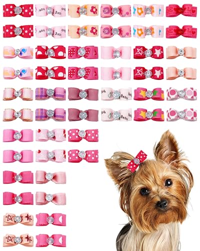 PET SHOW Mini-Haarschleifen mit Gummibändern für kleine Hunde, Mädchen, weibliche Schleife, Strass, sortiert, für Hunde, Welpen, Yorkie, kleine Haarknoten, Rot, 50 Stück von PET SHOW