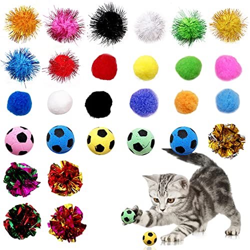 PET SHOW Set mit 30 Katzenspielzeugbällen, interaktive Pompons, Kätzchenspielzeug, goldener Fadenball, Papierbälle, leise, Indoor- und Outdoor-Fußbälle, Spielaktivität, Jagdtraining von PET SHOW