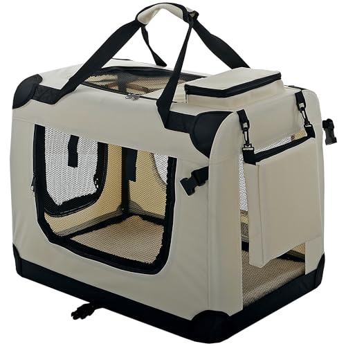 PET VIOLET Hundetransportbox Hundebox Faltbar Auto Transporttasche Hunde Katzen Tragetasche 50x34x36 cm, Beige von PET VIOLET