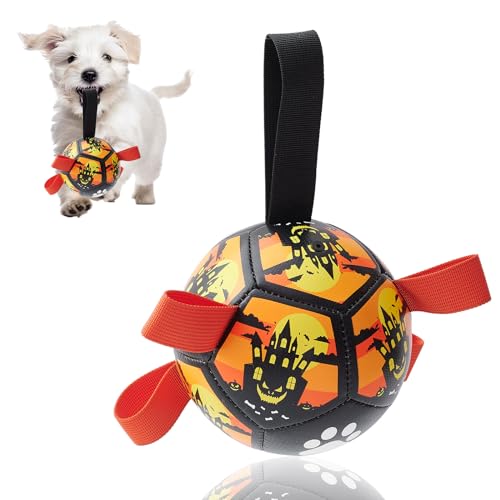 Hunde-Fußball mit Riemen, Hunde-Kauspielzeug, interaktives Spielzeug für Hunde, langlebiges Fußball-Design, Haustierspielzeug mit Riemen, für Training und Zahnreinigung (Halloween, 12,7 cm) von PETART