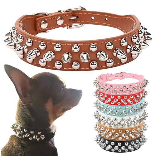 PETCARE Spiked Hundehalsband Braun Weiches PU Leder Lustige Pilze Nieten Spike Nieten Welpen Halsband Verstellbar Outdoor Haustier Hundehalsband für Kleine Mittlere Große Hunde Katzen Chihuahua Mops Pit Bull Hundehalsbänder von PETCARE