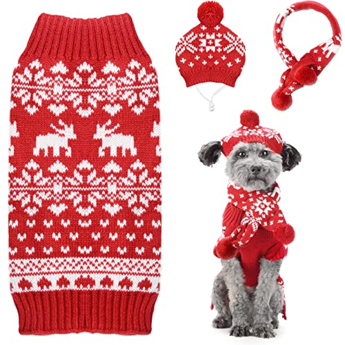 PETCARE Weihnachtliches Hunde-Pullover, Mütze, Schal, Set, klassisch, rote Schneeflocke, Pullover für Welpen, Weihnachtsbekleidung, Haustierkostüm, Größe L von PETCARE