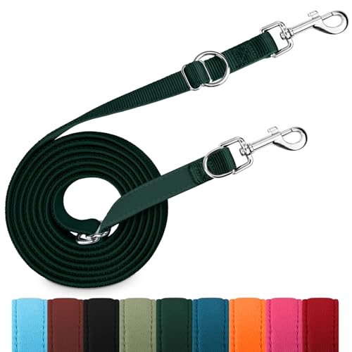PETCOOZ Hundeleine 3 m Verstellbare Schleppleine mit 2 Karabiner, Verdickte Doppelleine Führleine für Kleine Mittelgroße Hunde, Freihandleinen Übungsleine aus Nylon, Dunkelgrün von PETCOOZ