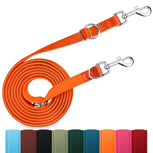 PETCOOZ Hundeleine 3 m Verstellbare Schleppleine mit 2 Karabiner, Verdickte Doppelleine Führleine für Kleine Mittelgroße Hunde, Freihandleinen Übungsleine aus Nylon, Orange von PETCOOZ