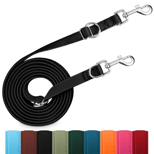 PETCOOZ Hundeleine 3 m Verstellbare Schleppleine mit 2 Karabiner, Verdickte Doppelleine Führleine für Kleine Mittelgroße Hunde, Freihandleinen Übungsleine aus Nylon, Schwarz von PETCOOZ