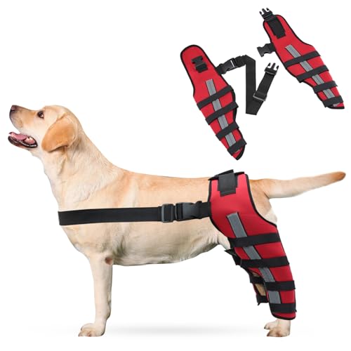 PETCUTE 2 Stück Kniebandage Hund mit Reflexstreifen – Verstellbare Beinstütze bei ACL- & Bandverletzungen, Starke Stabilisierung & Hinterbein-Schutz für schnelle Genesung-M(Rot) von PETCUTE