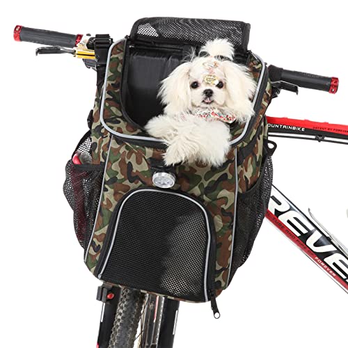 PETCUTE Haustier Fahrradtasche für Hunde Katzen,Faltbarer Hunderucksack mit Seitentaschen,Fahrradkorb Vorne für Kleine Haustiere mit Reflektierende Bänder und Licht,Einfache Installation von PETCUTE