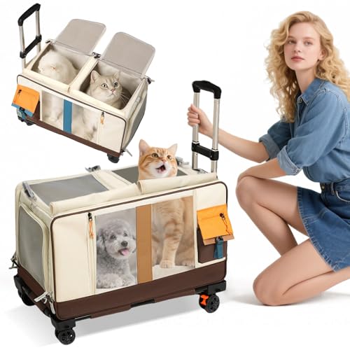 PETCUTE Haustier-Transporttasche mit Zwei Fächern und Abnehmbaren Rädern,Atmungsaktiv,Katzentrage für 2 Katzen,Faltbare Tragetasche mit Rollen für 2 Katzen/Hunde,für Reisen/Spazierengehen/Camping von PETCUTE