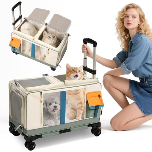 PETCUTE Haustier-Transporttasche mit Zwei Fächern und Abnehmbaren Rädern,Atmungsaktiv,Katzentrage für 2 Katzen,Faltbare Tragetasche mit Rollen für 2 Katzen/Hunde,für Reisen/Spazierengehen/Camping von PETCUTE