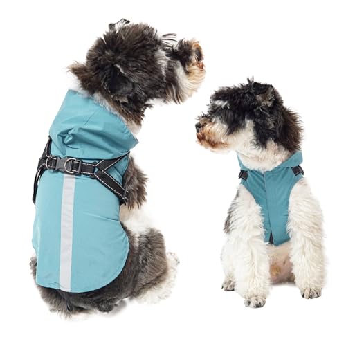 PETCUTE Hunde Regenmantel Regenjacke mit Geschirrl,Winddicht Wasserdichter Hundemantel mit Reflektierenden Streifen, Verstellbarer Hunde Regenjacke mit Kapuze für Kleine Mittelgroße und Große Hunde von PETCUTE