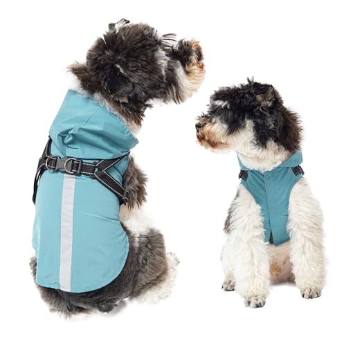 PETCUTE Regenmantel Mit Geschirr, Winddicht Wasserdichter Hundemantel Mit Reflektierenden Streifen, Verstellbare Regenjacke Mit Kapuze für Kleine, Mittelgroße und Große Hunde von PETCUTE
