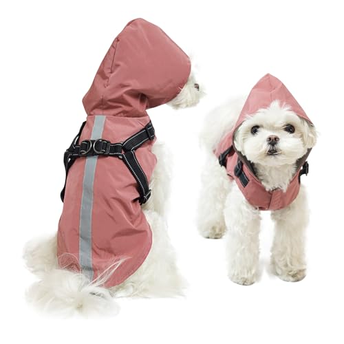 PETCUTE Hunde Regenmantel Regenjacke mit Geschirrl,Winddicht Wasserdichter Hundemantel mit Reflektierenden Streifen, Verstellbarer Hunde Regenjacke mit Kapuze für Kleine Mittelgroße und Große Hunde von PETCUTE