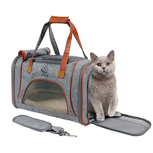 PETCUTE Transporttasche Katze Faltbare,Atmungsaktiv, Katzentransportbox mit Abnehmbares Kissen,Hunde Katze Transporttasche mit Reflektierender Streifen,für Kleine und Mittelgroße Hunde,Hellgrau von PETCUTE