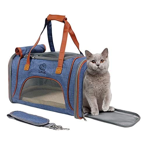 PETCUTE Transporttasche Katze Faltbare,Atmungsaktiv, Katzentransportbox mit Abnehmbares Kissen,Hunde Katze Transporttasche mit Reflektierender Streifen,für Kleine und Mittelgroße Hunde,Blau von PETCUTE