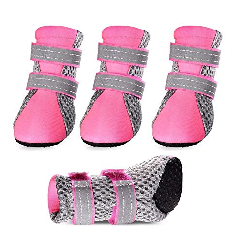 PETCUTE Hundeschuhe Pfotenschutz Wasserdicht Hunde Schuhe Anti-rutsch Schneeschuhe für Hunde mit Reflektierendem Rieme(Rosa M-4.5 * 3.6 cm) von PETCUTE