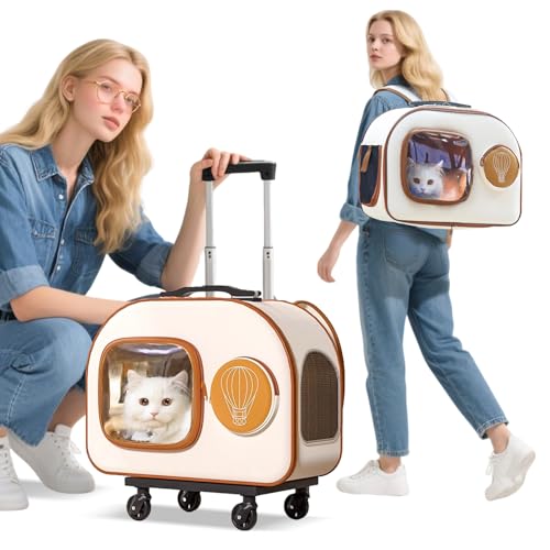 PETCUTE Hundetransportbox mit Rollen,Faltbarer Katzenrucksack mit Innerer Sicherheitsleine,Tragbar und Atmungsaktiv,Hunderucksack mit Abnehmbaren Rollrädern,für kleine Hunde und mittelgroße Katzen von PETCUTE