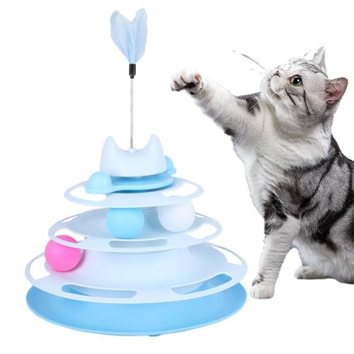 PETCUTE Interaktives Katzenspielzeug,Katzenspielzeug für Indoor Katzen mit 3 Bällen,Katzen Teaser Spielzeug mit Feder Katzenspielzeug,Waschbar,Katzen Spielturm Spielzeug mit Rutschfestem Boden von PETCUTE