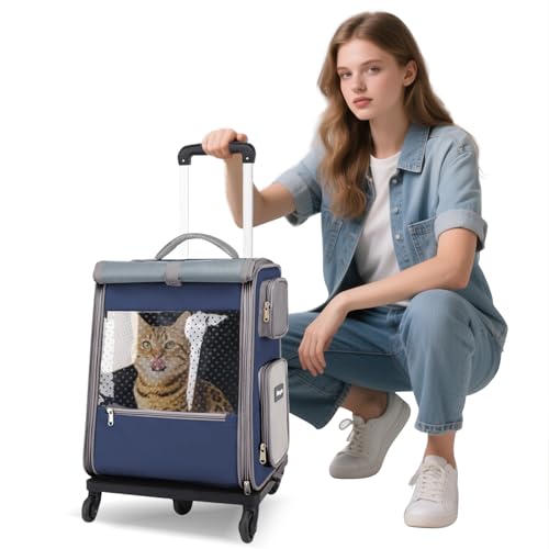 PETCUTE Katzen Rucksack mit Rädern,Hunderucksack für Große Katzen Hunde bis 7.5kg,Faltbare Atmungsaktive Haustier Rucksack mit Innerer Sicherheitsleine und Haustiermatte,Airline Zugelassen,Blau von PETCUTE