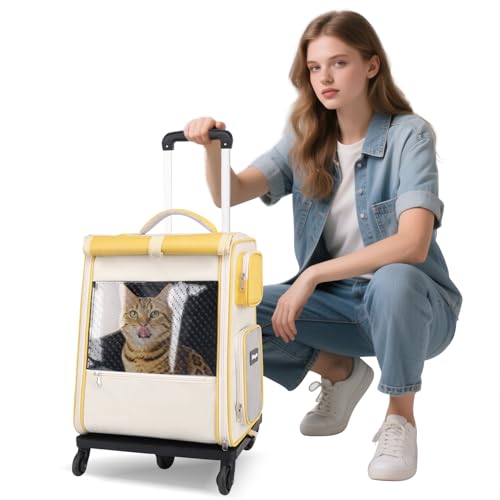 PETCUTE Katzen Rucksack mit Rädern,Hunderucksack für Große Katzen Hunde bis 7.5kg,Faltbare Atmungsaktive Haustier Rucksack mit Innerer Sicherheitsleine und Haustiermatte,Airline Zugelassen,Gelb von PETCUTE