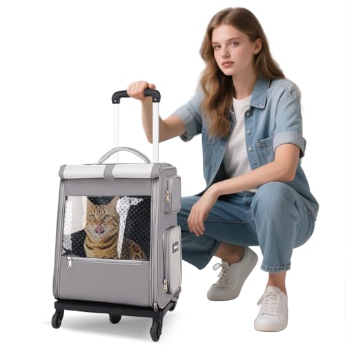 PETCUTE Katzen Rucksack mit Rädern,Hunderucksack für Große Katzen Hunde bis 7.5kg,Faltbare Atmungsaktive Haustier Rucksack mit Innerer Sicherheitsleine und Haustiermatte,Airline Zugelassen,Grau von PETCUTE