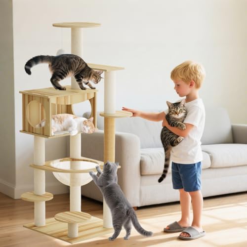 PETCUTE Katzenbaum,124cm,Katzenkratzbaum Groß mit Raumkapsel,Leiter,Höhle,Katzenspielzeug,Pompon,Plattformen,Jute Kratzsäule,Katzenkratzbaum mit Anleitung,Leicht zu Reinigen von PETCUTE