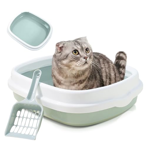 PETCUTE Katzenklo offen hoher Rand, Großes Katzenklo mit hohem Rand und Anti-Streu-Design – Offene Katzentoilette inklusive Abnehmbarer Rahmen + Schaufel (Blau,L) von PETCUTE