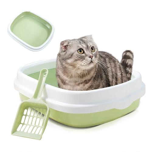 PETCUTE Katzenklo offen hoher Rand, Großes Katzenklo mit hohem Rand und Anti-Streu-Design – Offene Katzentoilette inklusive Abnehmbarer Rahmen + Schaufel (Grün,L) von PETCUTE