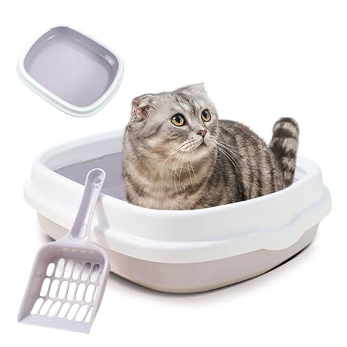 PETCUTE Katzenklo offen hoher Rand, Großes Katzenklo mit hohem Rand und Anti-Streu-Design – Offene Katzentoilette inklusive Abnehmbarer Rahmen + Schaufel (Hell Lila,S) von PETCUTE