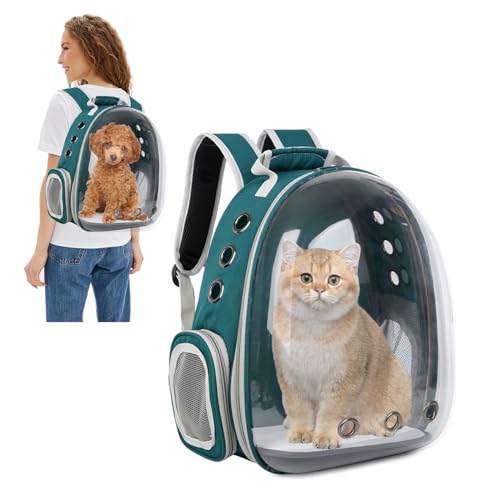 PETCUTE Haustier Katzen Rucksack,Hunde Rucksack für Kleine Katzen und Hunde,Atmungsaktive 360 ° Sichtfeld Hunderucksack mit Raumkapsel Blase Design,zum Wandern, Reisen Grün von PETCUTE