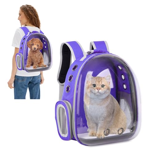 PETCUTE Haustier Katzen Rucksack,Hunde Rucksack für Kleine Katzen und Hunde,Atmungsaktive 360 ° Sichtfeld Hunderucksack mit Raumkapsel Blase Design,zum Wandern, Reisen Lila von PETCUTE