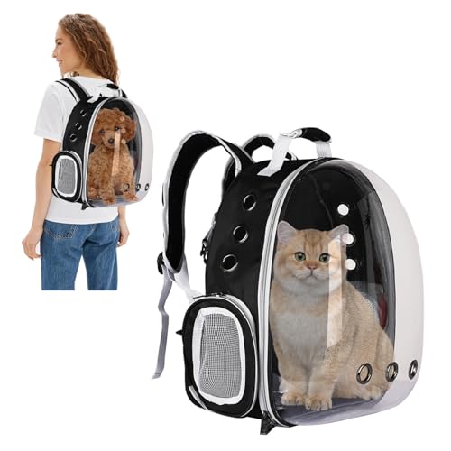 PETCUTE Haustier Katzen Rucksack,Hunde Rucksack für Kleine Katzen und Hunde,Atmungsaktive 360 ° Sichtfeld Hunderucksack mit Raumkapsel Blase Design,zum Wandern, Reisen Schwarz von PETCUTE