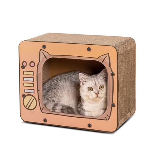 PETCUTE Kratzbretter Katzen,3-in-1 Katzenkratzbox aus Wellpappe mit Rutschfestem Boden,Wellpappe Katzenbaum Haus,Recycelbar Kratzpad,Katze Kratzmatte für Indoor-Katzen als Möbelschutz,Orange von PETCUTE