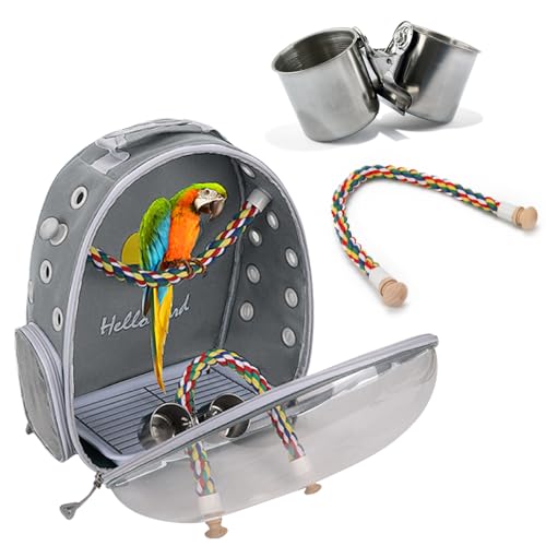 PETCUTE Multifunktionaler Rucksack für Vögel mit Holzstab, Leichte Träger Vogel Transporttasche, Papageien Reiserucksack mit Edelstahl-Tablett und Stehstange, Vogel Transportbox-Grau von PETCUTE