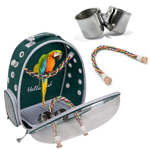PETCUTE Multifunktionaler Rucksack für Vögel mit Holzstab, Leichte Träger Vogel Transporttasche, Papageien Reiserucksack mit Edelstahl-Tablett und Stehstange, Vogel Transportbox-Grün von PETCUTE