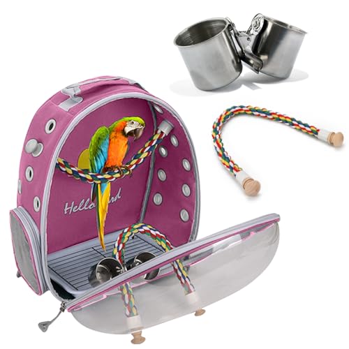 PETCUTE Multifunktionaler Rucksack für Vögel mit Holzstab, Leichte Träger Vogel Transporttasche, Papageien Reiserucksack mit Edelstahl-Tablett und Stehstange, Vogel Transportbox-Rosa von PETCUTE