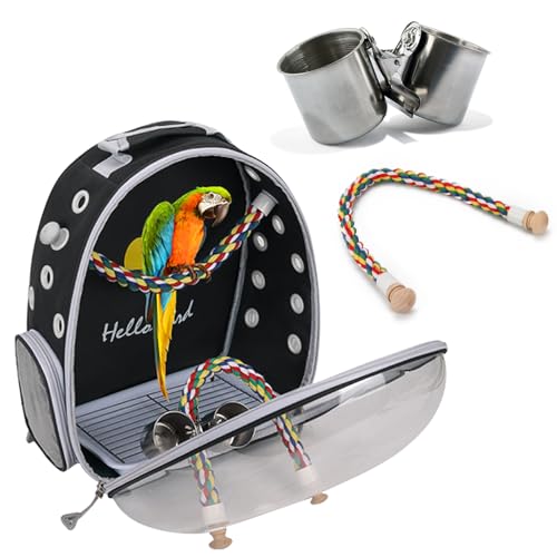 PETCUTE Multifunktionaler Rucksack für Vögel mit Holzstab, Leichte Träger Vogel Transporttasche, Papageien Reiserucksack mit Edelstahl-Tablett und Stehstange, Vogel Transportbox-Schwarz von PETCUTE