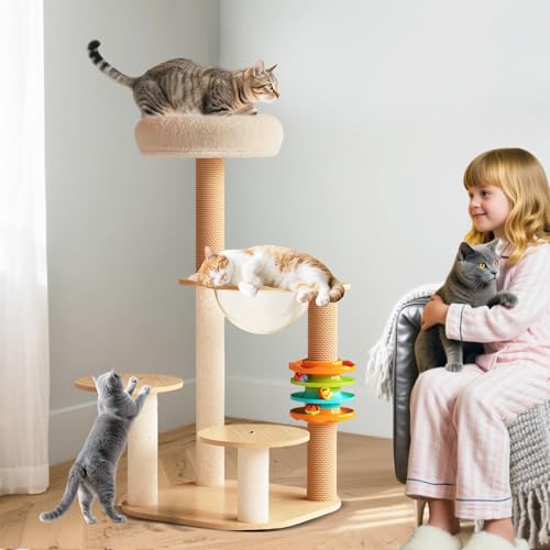 PETCUTE Süß Kratzbaum für Katzen mit Plüschbällen,Katzenbaum Stabil mit Sisalsäulen,Plattformen,Gemütliche Liegefläche & Höhle, für kleine & große Katzen von PETCUTE