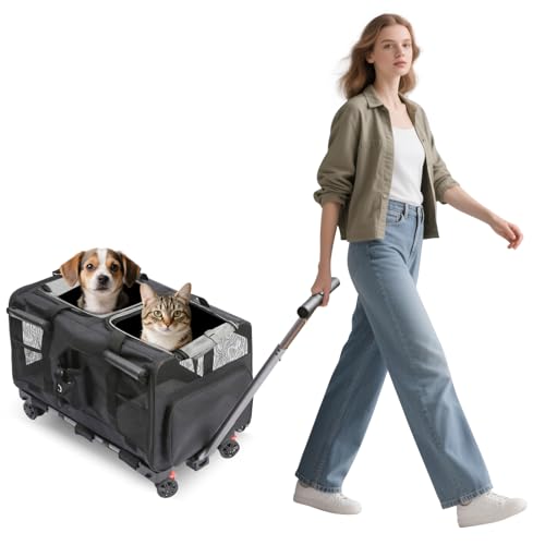 PETCUTE Transporttasche für Katze/Hund mit Zwei Fächern und Abnehmbaren Trolley,Atmungsaktiv Faltbar Tragetasche mit Rollen für 2 Katzen/Hunde,Sicherheitsleine,ideal für Reisen/Spaziergänge,Schwarz PETCUTE Transporttasche für Katze/Hund mit Zwei Fächern und Abnehmbaren Trolley,Atmungsaktiv Faltbar Tragetasche mit Rollen für 2 Katzen/Hunde,Sicherheitsleine,ideal für Reisen/Spaziergänge,Schwarz von PETCUTE