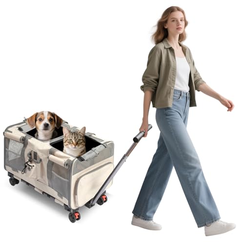 PETCUTE Transporttasche für Katze/Hund mit Zwei Fächern und Abnehmbaren Trolley,Atmungsaktiv Faltbar Tragetasche mit Rollen für 2 Katzen/Hunde,Sicherheitsleine,ideal für Reisen/Spaziergänge,Beige PETCUTE Transporttasche für Katze/Hund mit Zwei Fächern und Abnehmbaren Trolley,Atmungsaktiv Faltbar Tragetasche mit Rollen für 2 Katzen/Hunde,Sicherheitsleine,ideal für Reisen/Spaziergänge,Beige von PETCUTE