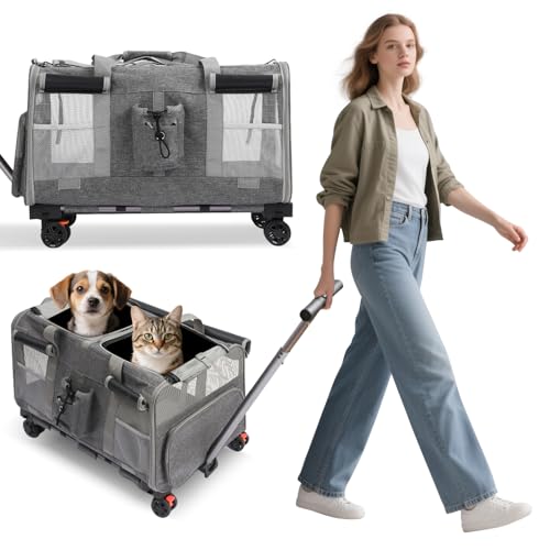 PETCUTE Transporttasche für Katze/Hund mit Zwei Fächern und Abnehmbaren Trolley,Atmungsaktiv Faltbar Tragetasche mit Rollen für 2 Katzen/Hunde,Sicherheitsleine,ideal für Reisen/Spaziergänge,Grau PETCUTE Transporttasche für Katze/Hund mit Zwei Fächern und Abnehmbaren Trolley,Atmungsaktiv Faltbar Tragetasche mit Rollen für 2 Katzen/Hunde,Sicherheitsleine,ideal für Reisen/Spaziergänge,Grau von PETCUTE