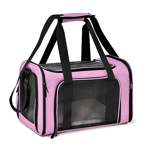 PETCUTE Transporttasche für Katze Hund,Faltbare Hundetransportbox,Katzentransportbox mit Schultergurt und Abnehmbare Weiche Matte,Atmungsaktives Haustiertragetasche mit großer Tasche,Rosa,M von PETCUTE