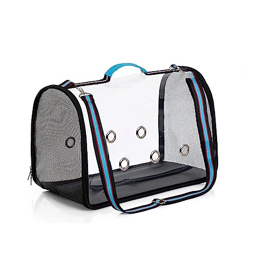 PETCUTE Vogel Papageien Tragetasche,Atmungsaktive Vogel Transporttasche Transportbox mit Verstellbarer Schultergurt,Transparent Katzentransportbox Hundetragetasche mit Belüftete Bohrung,Blau,L von PETCUTE