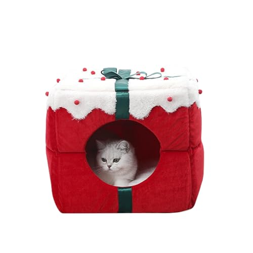 PETCUTE Weihnachtsbox Katzenbett,Weihnachts-Katzenhaus mit Rutschfester Unterseite,Warme Katzenhaus Indoor mit Abnehmbares und Waschbares Kissen,Katzen Höhle Bett Party Dekorationen für Kätzchen von PETCUTE