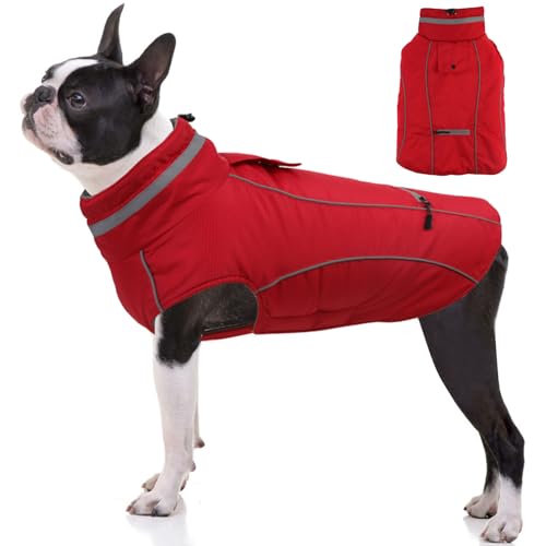 PETDSH Warme, reflektierende, verstellbare, winddichte Hundejacke, wasserdichter Hundemantel, Rollkragenkleidung, Rot, Größe XXL von PETDSH