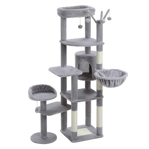 PETEPELA 150cm Kratzbaum, hoher Katzenbaum für große Katze, mehrstöckiger Katzenturm, Katzenkratzbaum für Wohnungskatzen, Katzenwohnung mit großer Hängematte, Kratzsäule und 2 Sitzstangen, grau von PETEPELA