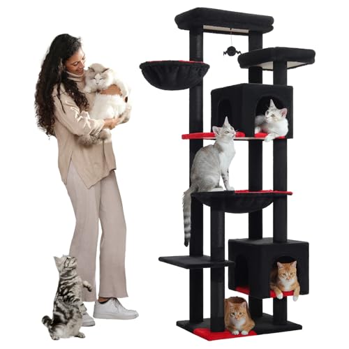 PETEPELA Gothic-Katzenbaum für große Katzen, Katzenturm für ausgewachsene Katzen mit großer Hängematte [47,7 x 39,9 cm), Kletterbaumturm mit Kratzstämmen, Wohnhaus und großer Sitzstange, Schwarz von PETEPELA