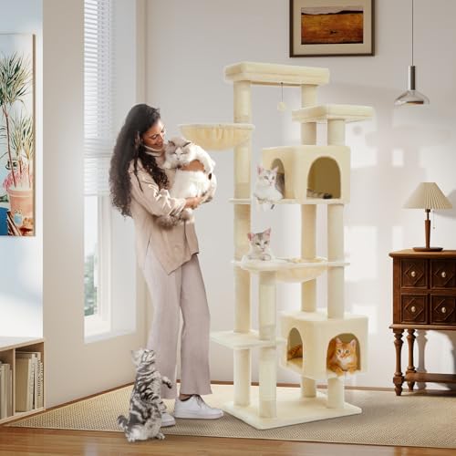 PETEPELA 175,3 cm hoher Katzenbaum für große Katzen im Innenbereich, Katzenturm für erwachsene Katzen mit großer Hängematte, Katzenkletterbaumturm mit Kratzstämmen, Wohnhaus und großer Sitzstange von PETEPELA