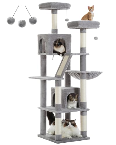 PETEPELA 180cm Kratzbaum groß, Multi-Level Katzenbaum für große Katzen, mit 6 Sisalsäule, 2 Kratzbrettern, 2 Plattformen, 1 Hängematte, 2 Spielbälle, Plüsch-Stoff, grau von PETEPELA